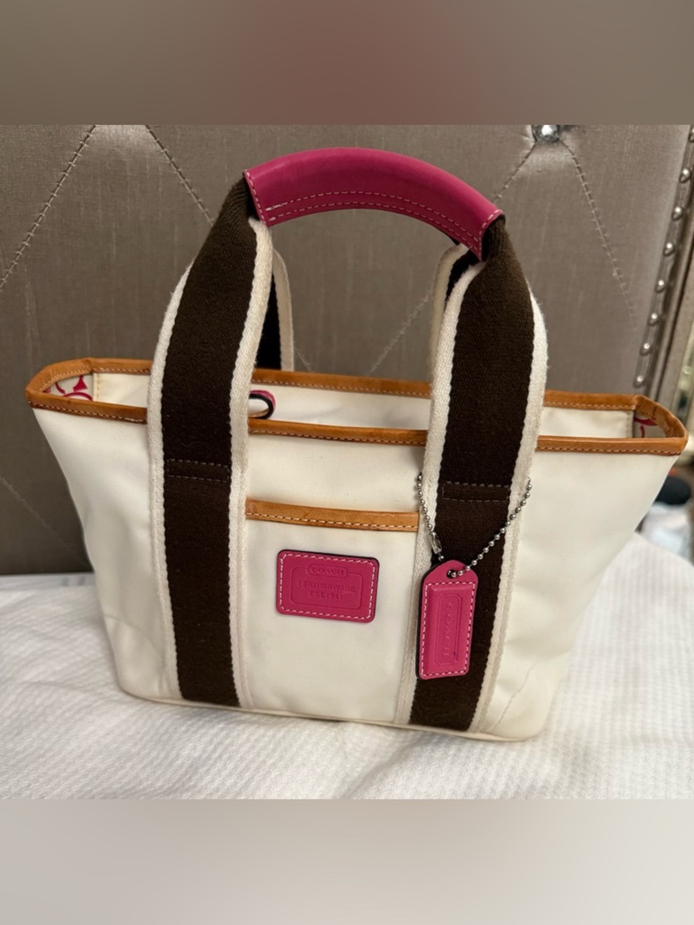 Vintage Coach Hamptons White & Pink Mini Tote Bag.